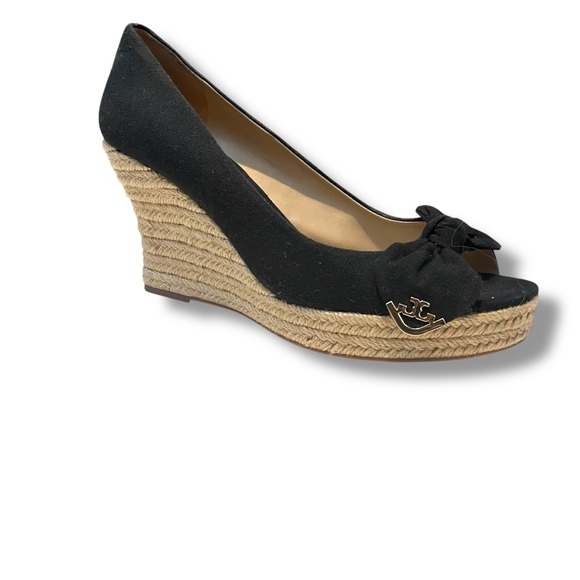 Tory Burch Dory 85 Black Canvas Bow Gold Reva Platform  Tory Burch Black Canvas Espadrille Wedge with Gold Logo